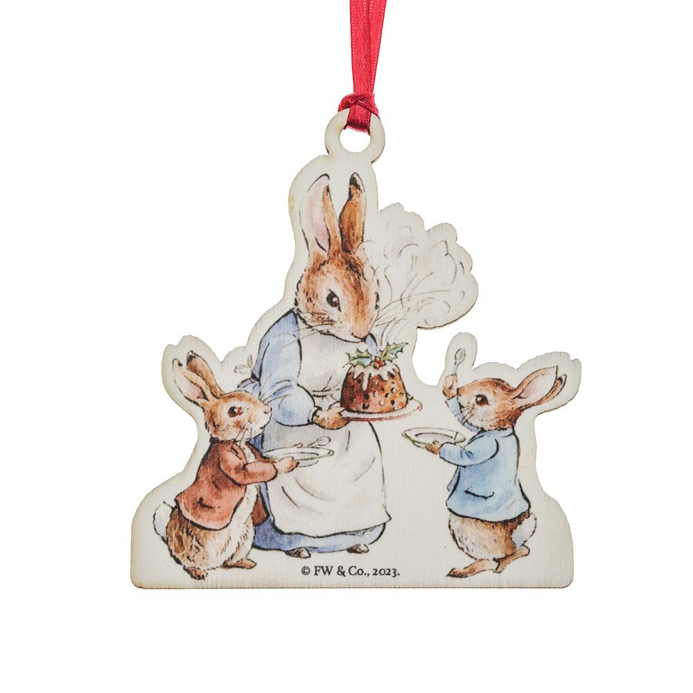 Mrs Rabbit with a Christmas Pudding Wooden Hanging Ornament