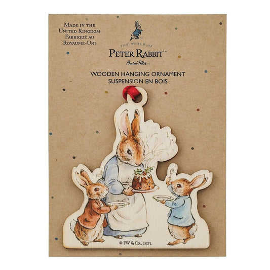 Mrs Rabbit with a Christmas Pudding Wooden Hanging Ornament