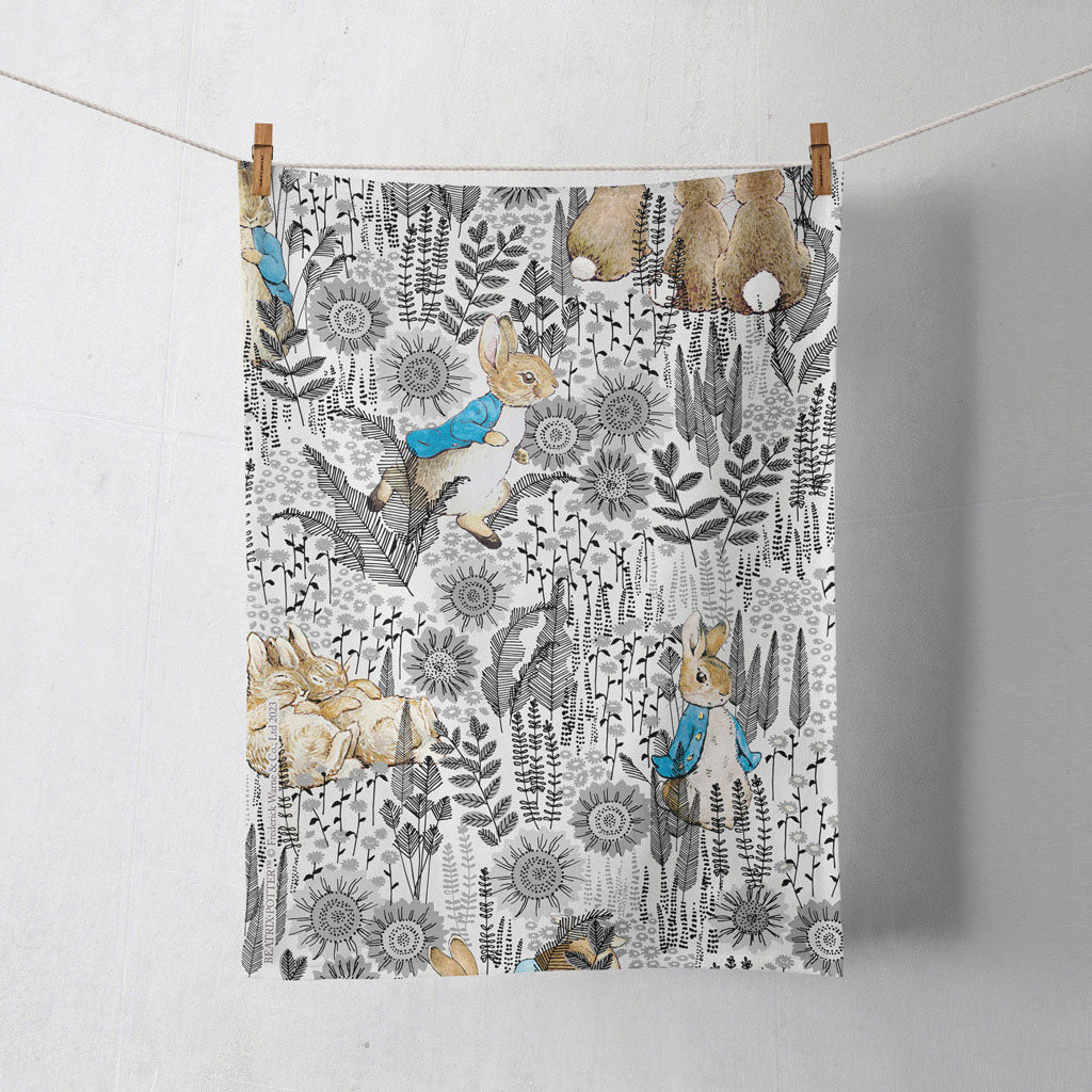 Peter in the Meadow Black & White Patterned Tea Towel