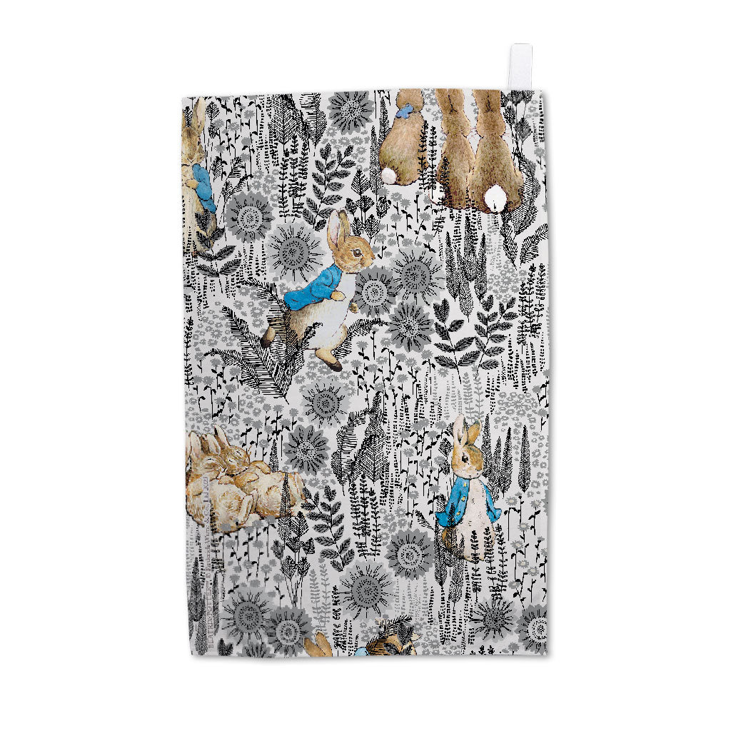 Peter in the Meadow Black & White Patterned Tea Towel