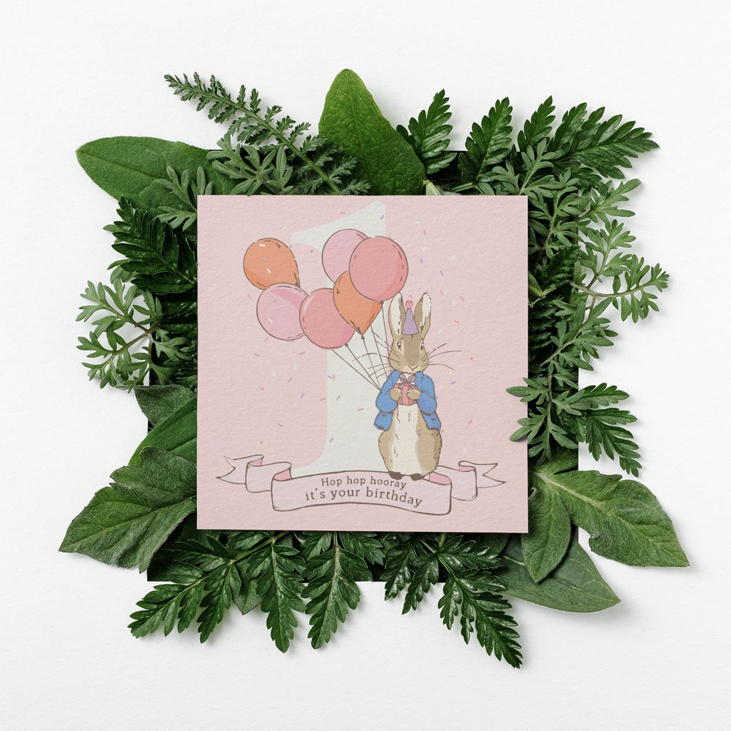 "Hop hop hooray!" Pink 1st Birthday Card