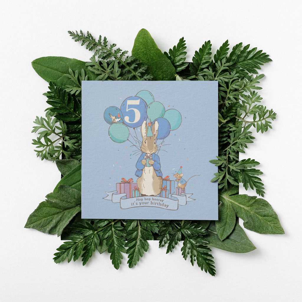 "Hop hop hooray!" Blue 5th Birthday Card