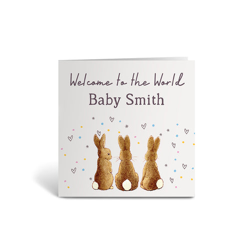 3 Bunnies - Welcome to the World Personalised Greetings Card