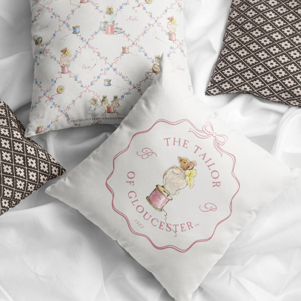 Mouse Standing on a Reel of Pink String Cushion – Peter Rabbit Shop