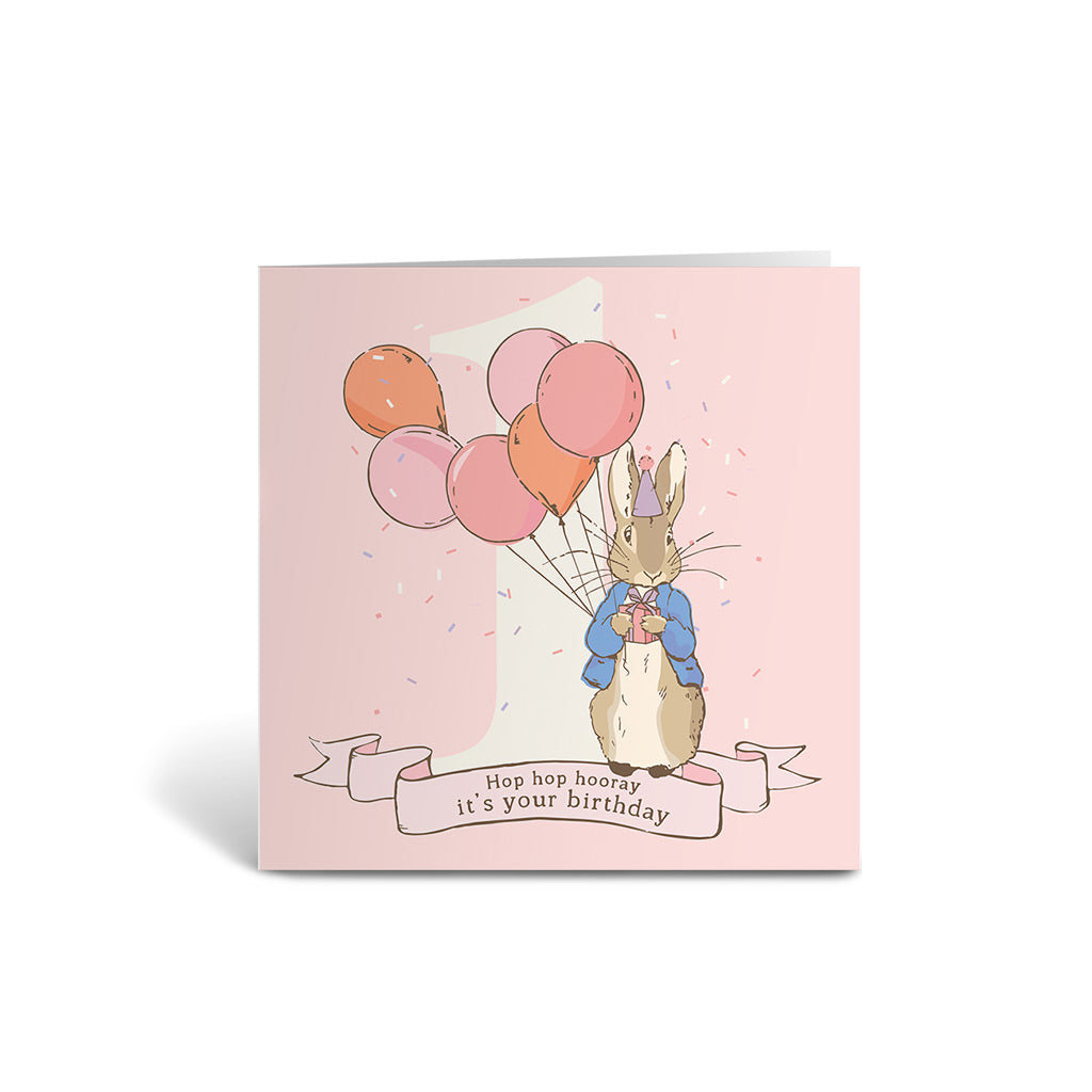 "Hop hop hooray!" Pink 1st Birthday Card