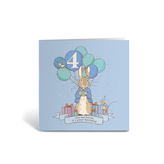 "Hop hop hooray!" Blue 4th Birthday Card