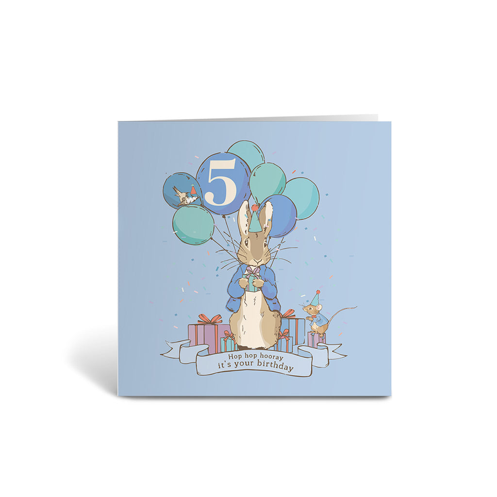 "Hop hop hooray!" Blue 5th Birthday Card